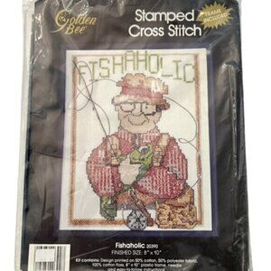 🛍️2 for $25 Sale🛍️GOLDEN‎ BEE Stamped Cross Stitch "Fishaholic" Frame Included